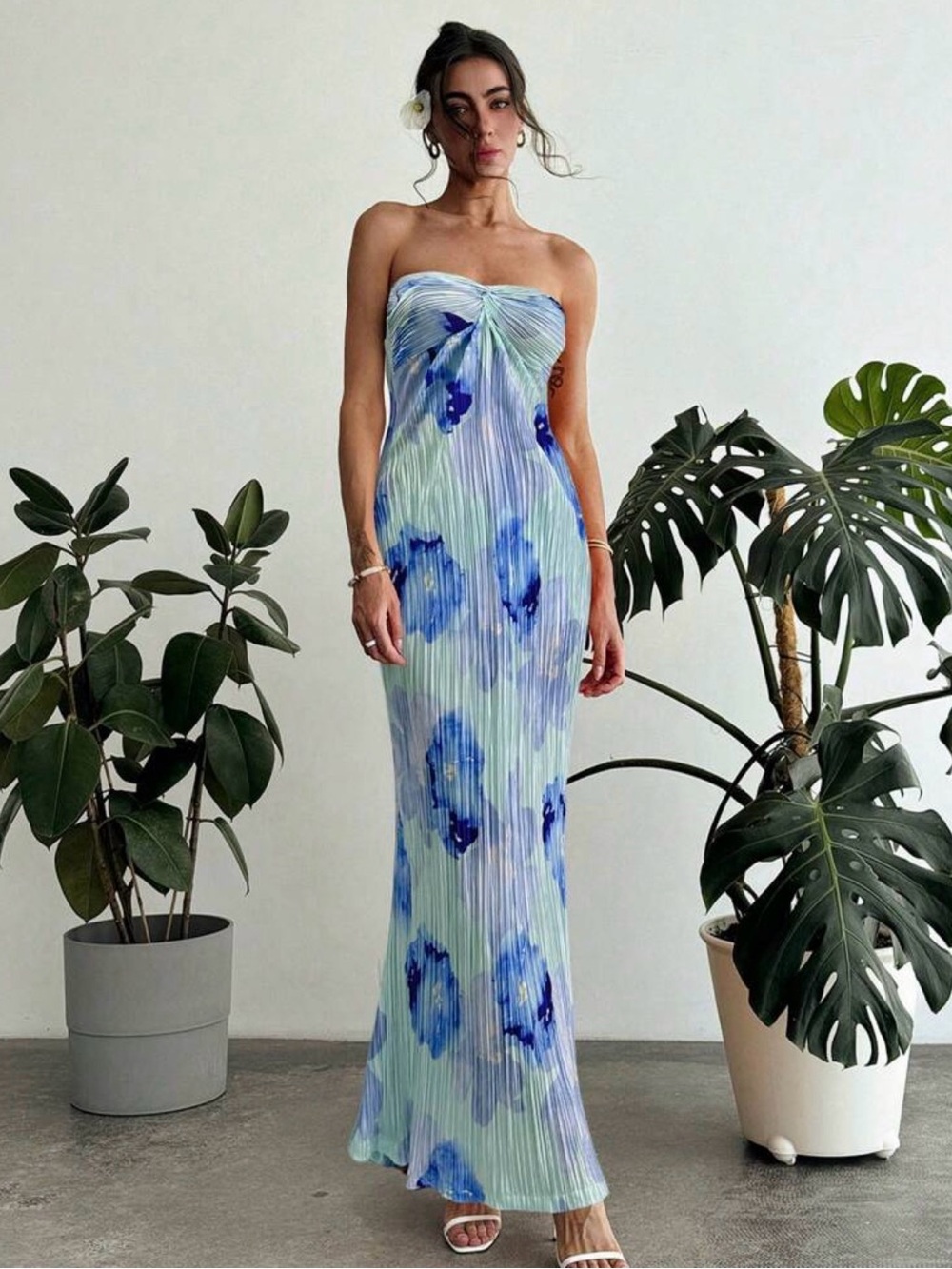 Strapless Pleated Floral Maxi Dress in Light Blue
